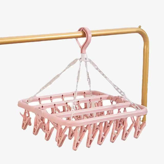 Foldable Drip Hanger with 32 Clips - Plastic Hanging Drying Rack for Clothes, Underwear & Socks