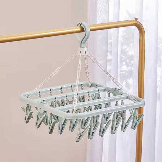 Foldable Drip Hanger with 32 Clips - Plastic Hanging Drying Rack for Clothes, Underwear & Socks