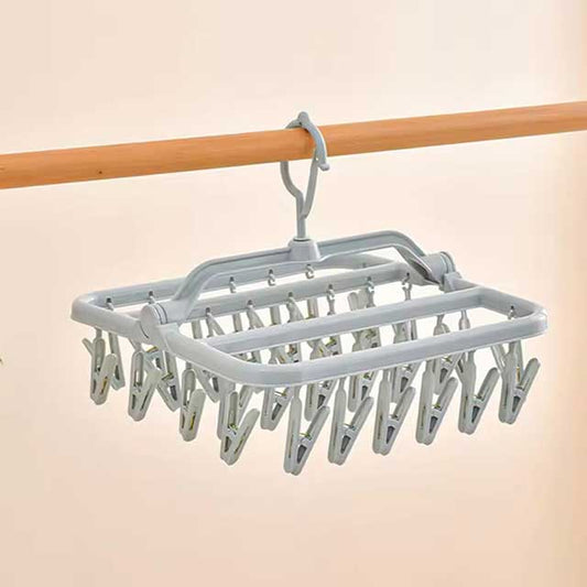 Foldable Drip Hanger with 32 Clips - Plastic Hanging Drying Rack for Clothes, Underwear & Socks