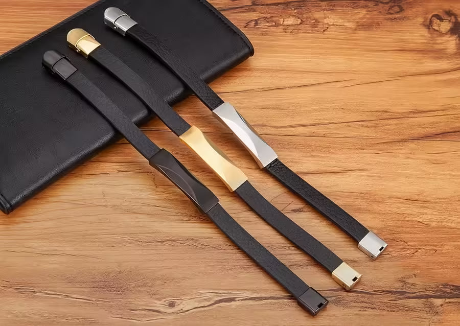 Geometric Pattern Design Stainless Steel Men's Leather Bracelet (EGBT130)