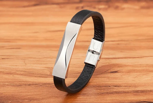 Geometric Pattern Design Stainless Steel Men's Leather Bracelet (EGBT130)