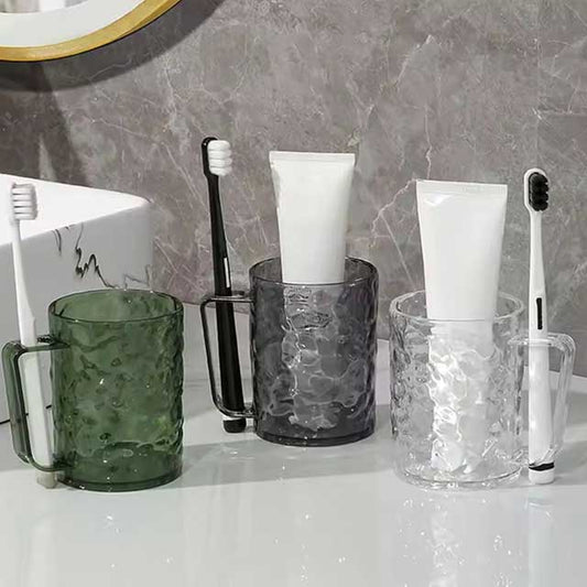 Glacier Pattern Mouthwash Cup – Stylish Transparent Plastic Toothbrush Holder with Handle for Home Bathroom