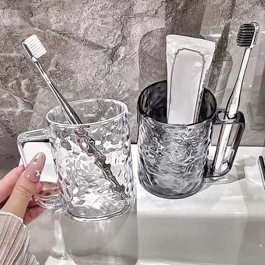 Glacier Pattern Mouthwash Cup – Stylish Transparent Plastic Toothbrush Holder with Handle for Home Bathroom