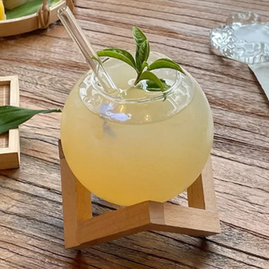 Glass Moon Shape Cup with Straw & Wooden Base – Perfect Ice Cream & Milk Cup