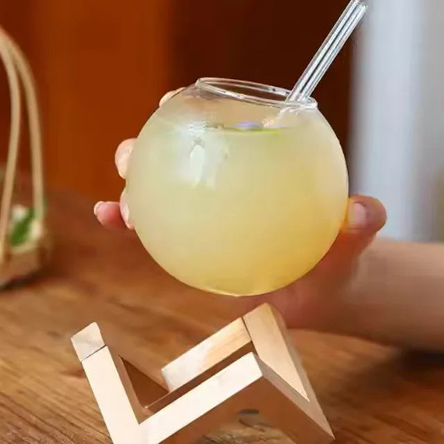 Glass Moon Shape Cup with Straw & Wooden Base – Perfect Ice Cream & Milk Cup