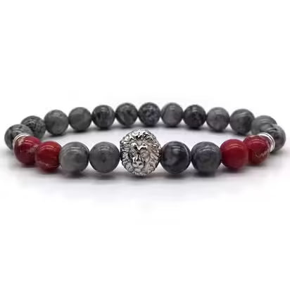 Bracelet en forme de tête de lion avec perles grises et rouges