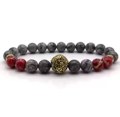 Bracelet en forme de tête de lion avec perles grises et rouges