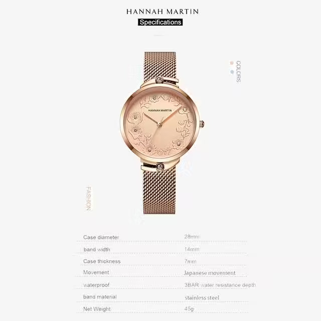 Montre femme HANNAH MARTIN en maille acier inoxydable, modèle (119F)