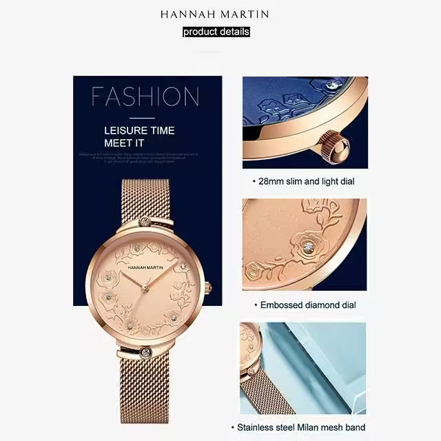 Montre femme HANNAH MARTIN en maille acier inoxydable, modèle (119F)