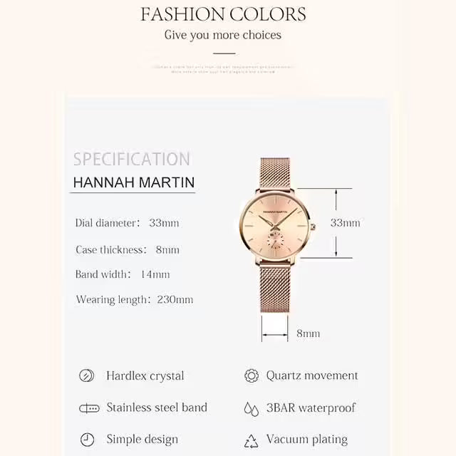 Montre Femme HANNAH MARTIN Acier Inoxydable Maille Modèle 1335