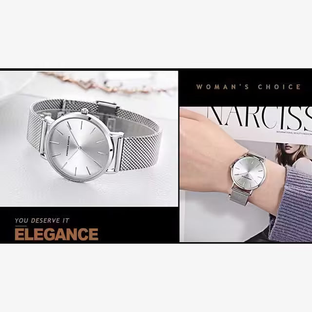 Montre femme HANNAH MARTIN en maille et acier inoxydable (modèle HM-CH36 argent)