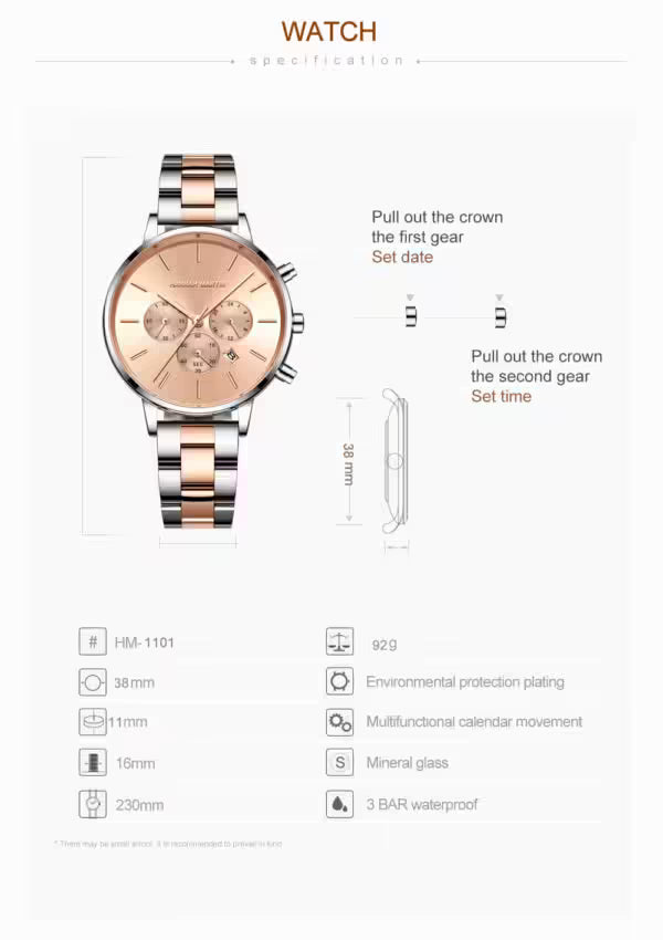 Montre femme HANNAH MARTIN en acier inoxydable, modèle HM-1101 