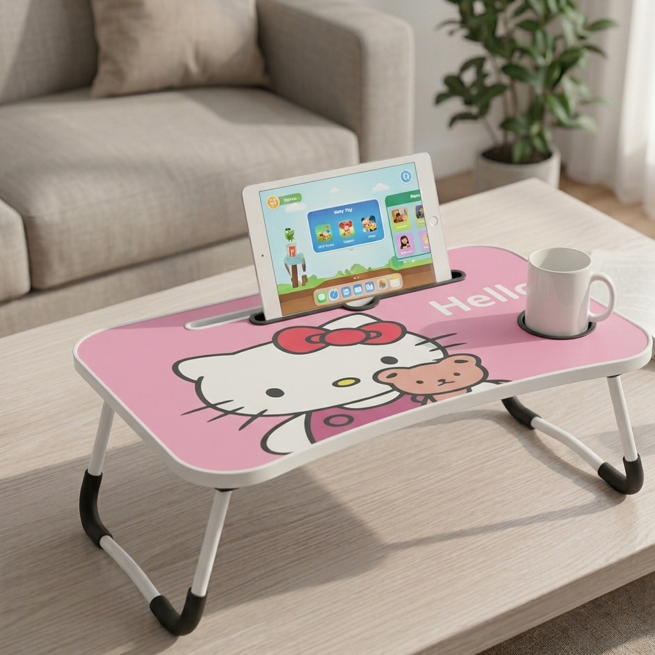 Portable Foldable Laptop Table – Engineered Wood Study Desk for Bed, Sofa & Floor | Multipurpose Laptop Stand with Cup Holder-Adults and Kids