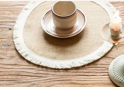 Sets de table tissés en jute | Napperons tressés rustiques en jute naturelle avec bordure en dentelle | Décoration de table de ferme pour les fêtes et les repas quotidiens