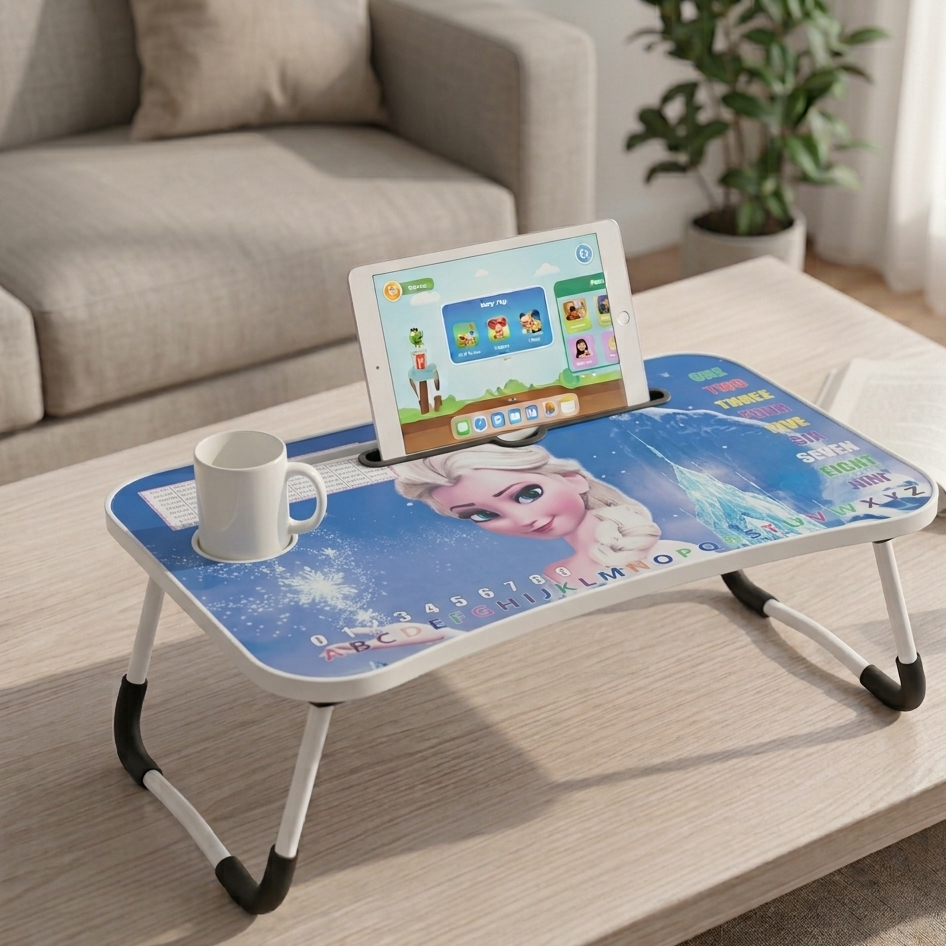 Portable Foldable Laptop Table – Engineered Wood Study Desk for Bed, Sofa & Floor | Multipurpose Laptop Stand with Cup Holder-Adults and Kids