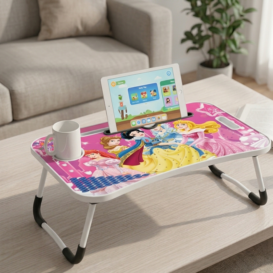 Portable Foldable Laptop Table – Engineered Wood Study Desk for Bed, Sofa & Floor | Multipurpose Laptop Stand with Cup Holder-Adults and Kids