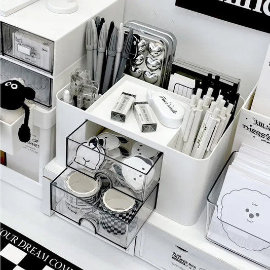 Multifunctional Desk Organizer with Drawers – Plastic Office & Makeup Storage Organizer with Pen Holder, 5 Compartments & 2 Drawers