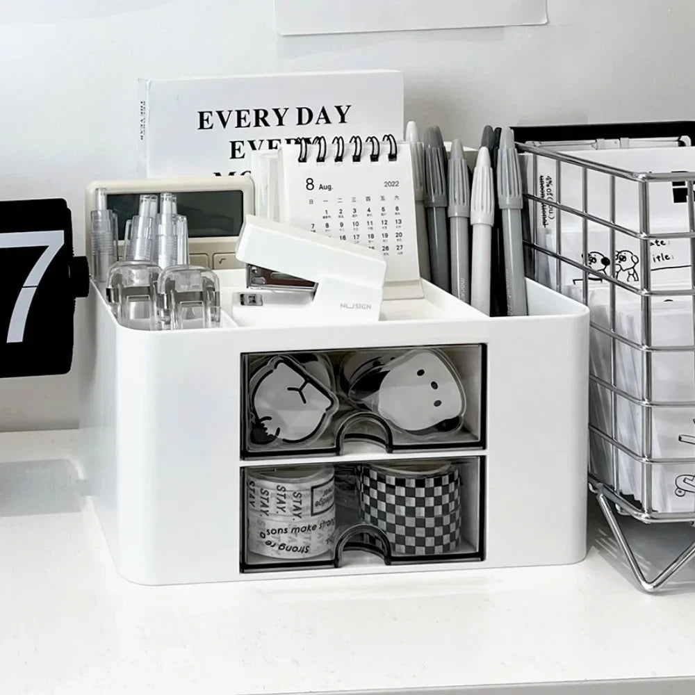 Multifunctional Desk Organizer with Drawers – Plastic Office & Makeup Storage Organizer with Pen Holder, 5 Compartments & 2 Drawers