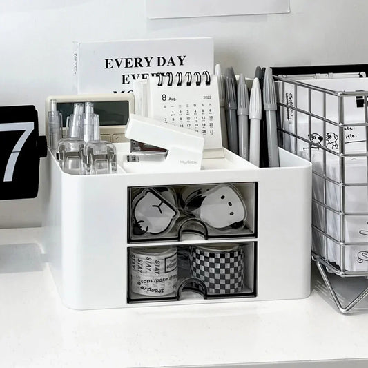 Multifunctional Desk Organizer with Drawers – Plastic Office & Makeup Storage Organizer with Pen Holder, 5 Compartments & 2 Drawers