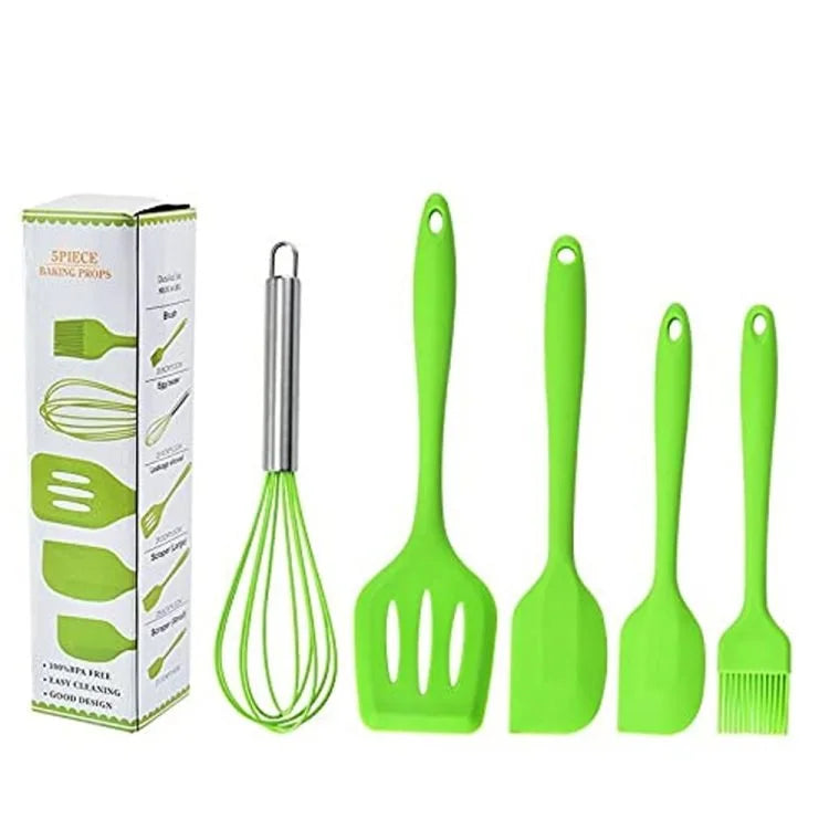 Ensemble d'ustensiles de cuisine en silicone haut de gamme 5 pièces – Outils de cuisson antiadhésifs et résistants à la chaleur avec spatule, pelle à frire, pinceau et fouet