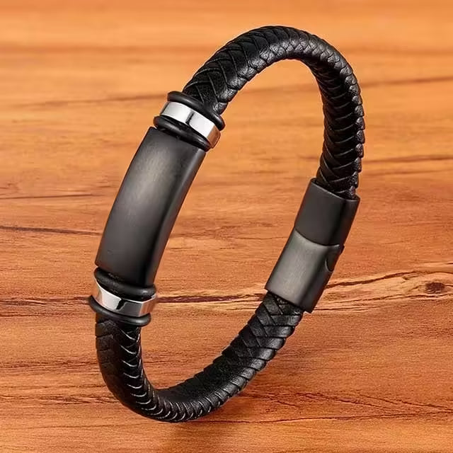 Bracelet pour homme en cuir et acier inoxydable, trois couleurs (EGBT136)