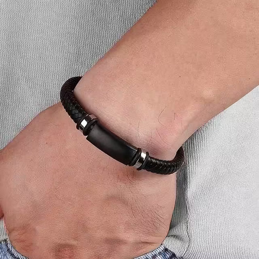Leather and Stainless Steel Combination Three Colors Men's Bracelet (EGBT136)