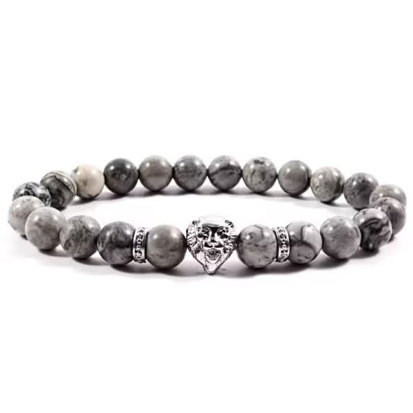 Bracelet pour homme en forme de tête de lion, fait main avec des perles de pierre de 8 mm (EGBT015) 
