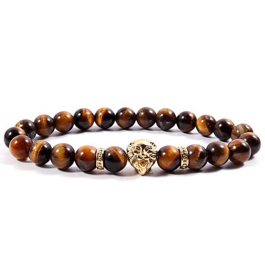 سوار مصنوع يدويًا من خرز حجري على شكل رأس أسد للرجال (EGBT015) 