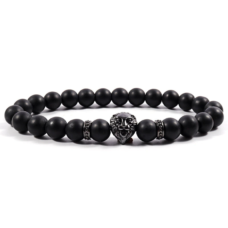 Bracelet pour homme en forme de tête de lion, fait main avec des perles de pierre de 8 mm (EGBT015) 