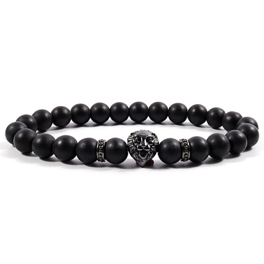 سوار مصنوع يدويًا من خرز حجري على شكل رأس أسد للرجال (EGBT015) 