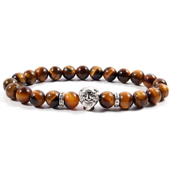 Bracelet pour homme en forme de tête de lion, fait main avec des perles de pierre de 8 mm (EGBT015) 