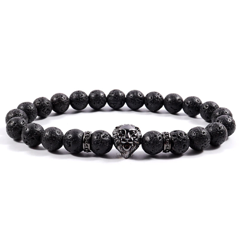 Lion Head Shape Handmade 8mm Stone Beaded Bracelet For Men (EGBT015)