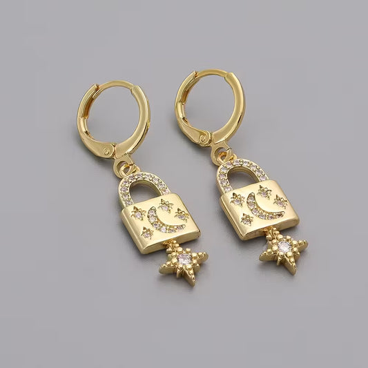 Lock x Moon Zircon Earrings