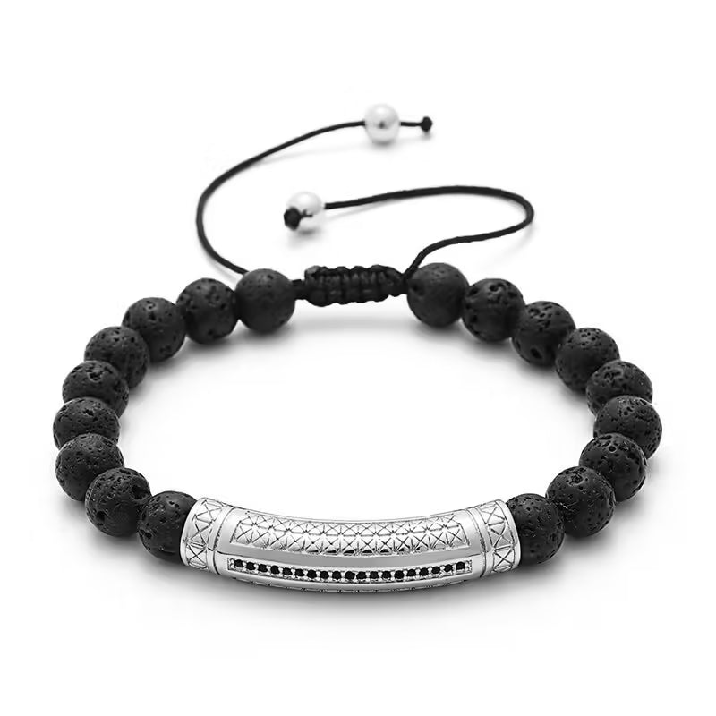 Bracelet Shamballa ajustable en perles de pierre de lave et breloques tubulaires longues (EGBT310)