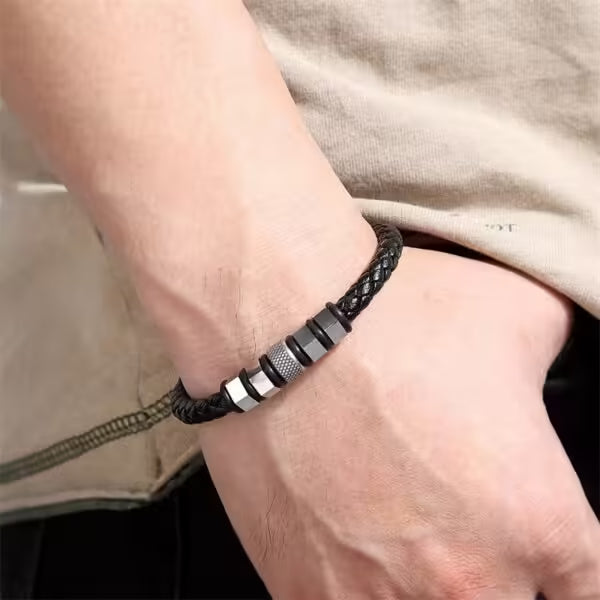 Luxury Leather Men Bracelet Trendy Handmade Stainless Steel Magnetic Buckle Leather Bracelet For Men (EGBT049)