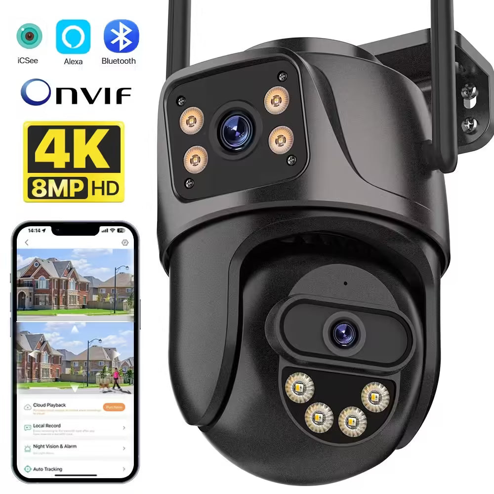 Caméra IP WiFi PTZ 4K 8MP à double objectif et double écran - Surveillance extérieure avec vidéosurveillance HD 4MP, suivi automatique et protection renforcée | Compatible iCSee 