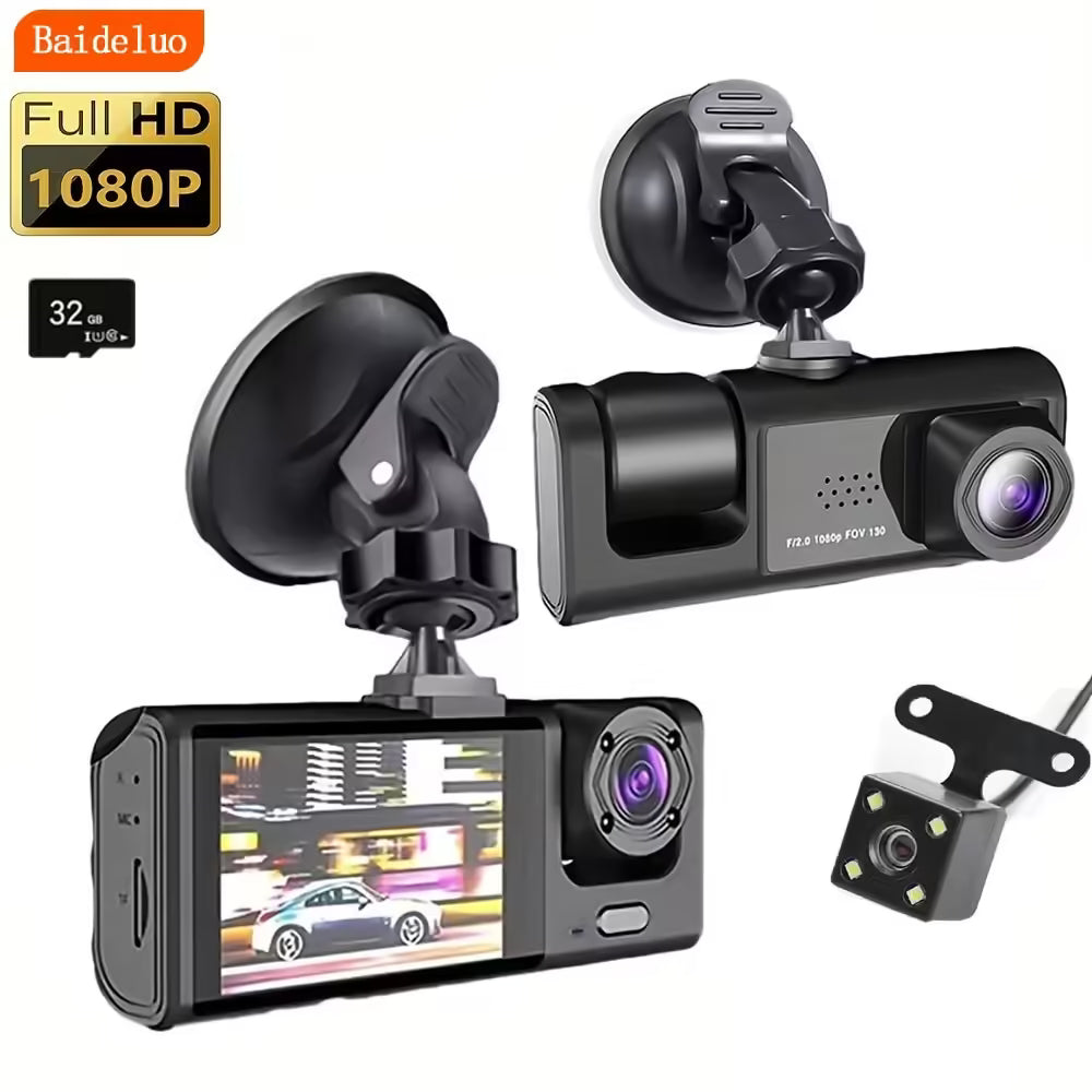Caméra embarquée HD 1080p avec triple objectif, vision nocturne infrarouge, enregistrement en boucle et enregistreur DVR pour véhicule avec image inversée