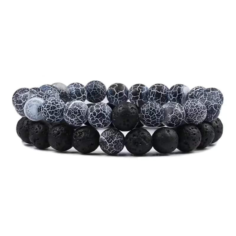 Couples Distance Bracelet Set Black & White Natural Lava Stone and Tiger Eye Beaded Yoga Bracelets for Men and Women, Elastic Rope Jewelry