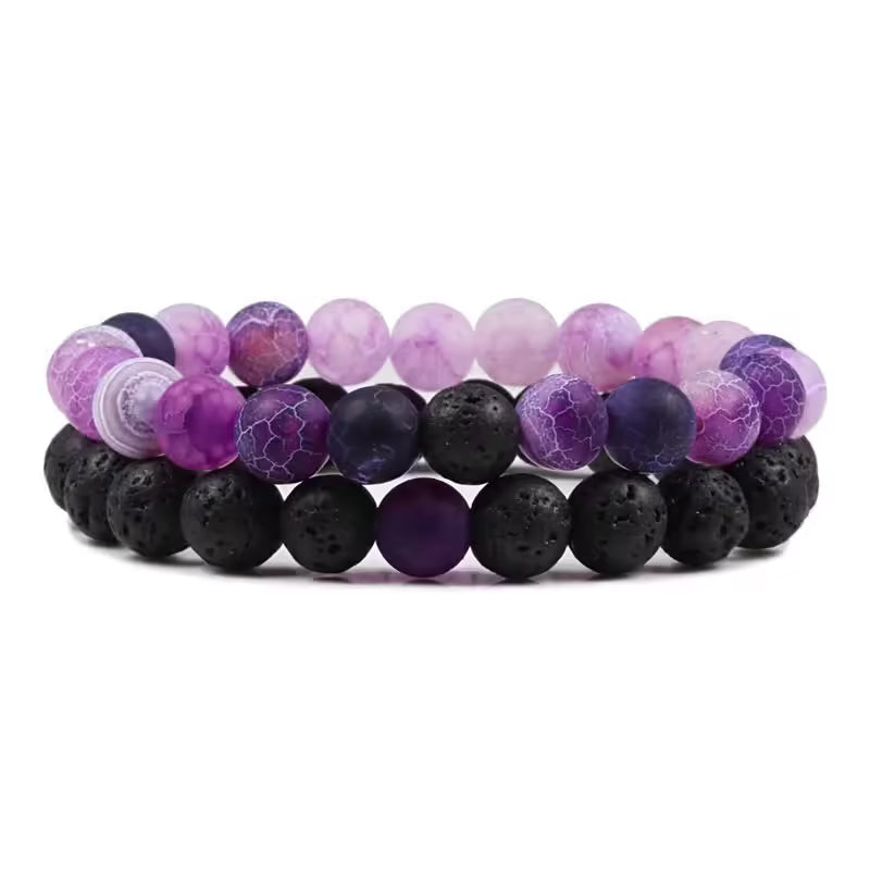 Couples Distance Bracelet Set Black & White Natural Lava Stone and Tiger Eye Beaded Yoga Bracelets for Men and Women, Elastic Rope Jewelry