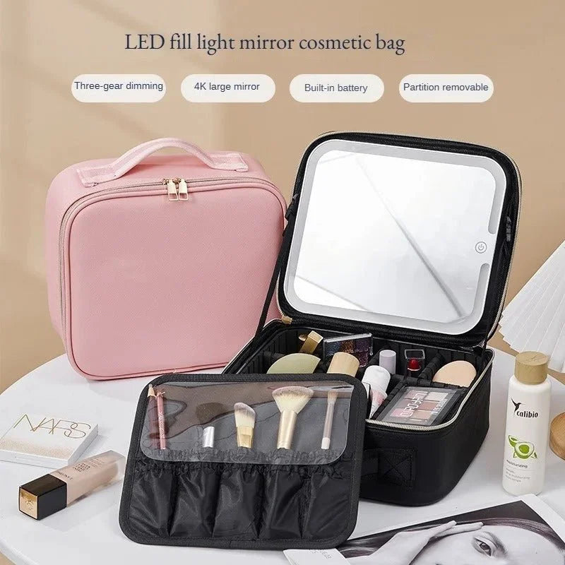 Trousse de Maquillage Intelligente LED Portable avec Miroir – Organisateur de Cosmétiques de Voyage Blanc avec Lumière LED Réglable et Compartiments de Rangement