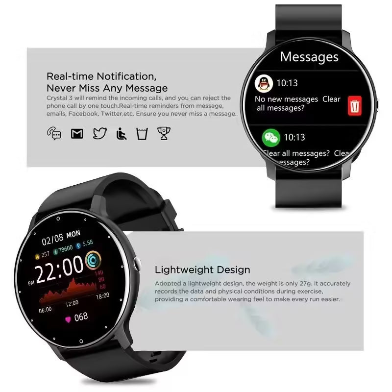 Nouvelle montre connectée pour hommes et femmes - Suivi d'activité en temps réel, moniteur de fréquence cardiaque, montre de sport pour Android et iOS