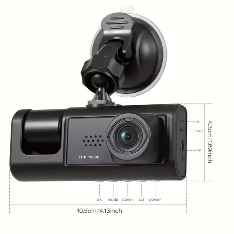 Caméra embarquée HD 1080p avec triple objectif, vision nocturne infrarouge, enregistrement en boucle et enregistreur DVR pour véhicule avec image inversée