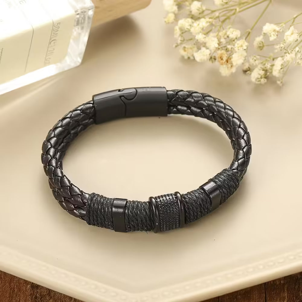 Retro Men's Magnetic Buckle Bracelet PU Alloy Woven Leather Bracelet