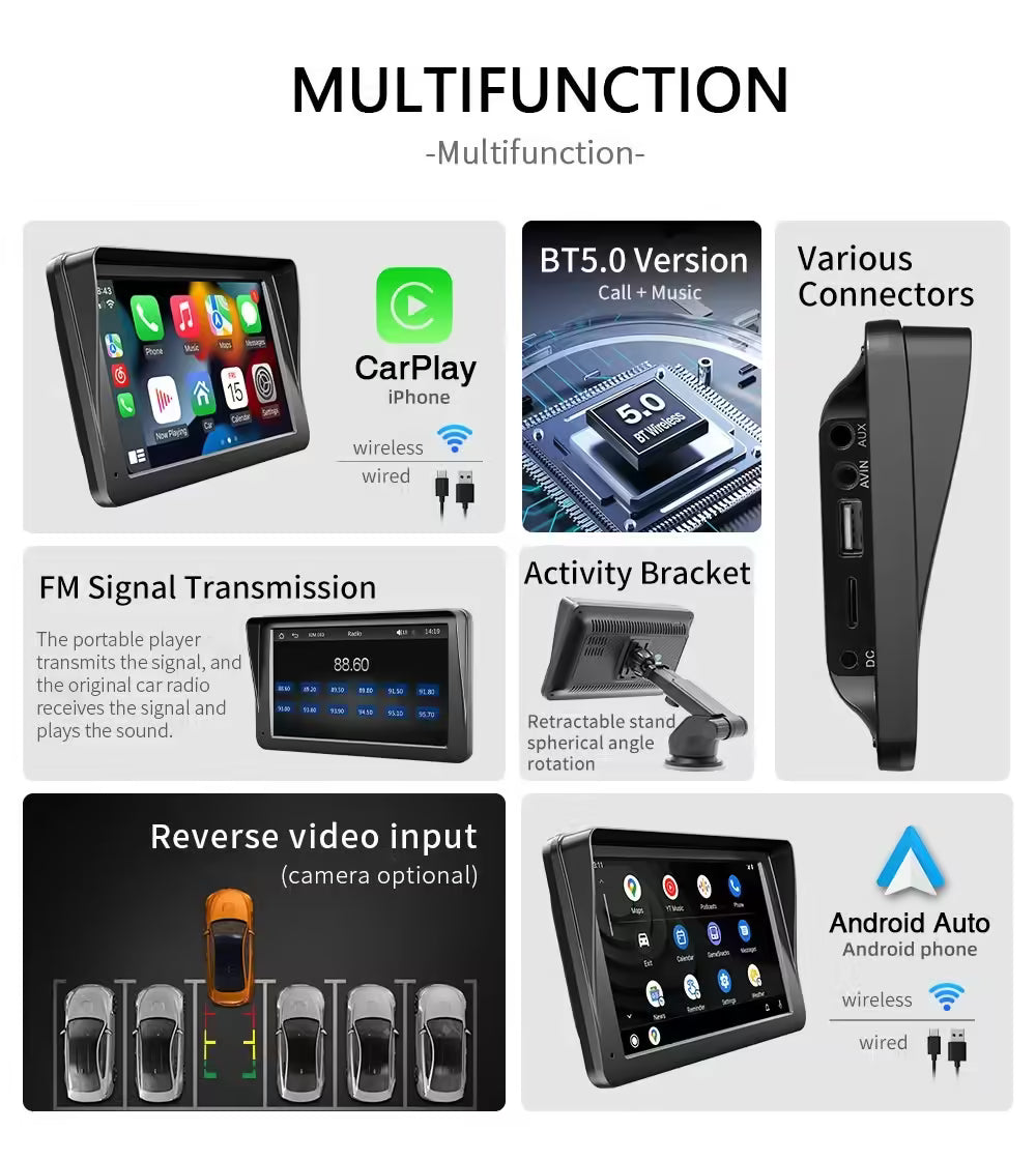 Universal 7-Inch Touch Screen Car Radio Multimedia Video Player | Wireless CarPlay & Android Auto Sun Visor 5300