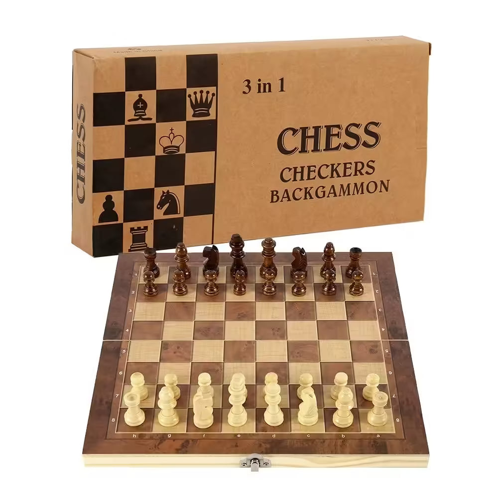 (24*24cm) 3-in-1 Folding Wooden Chess Set: Chess, Checkers & Backgammon