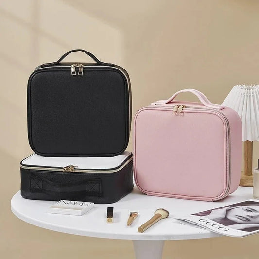 Portable Smart LED Makeup Bag with Mirror – White Travel Cosmetic Organizer Case with Adjustable LED Light & Storage Compartments