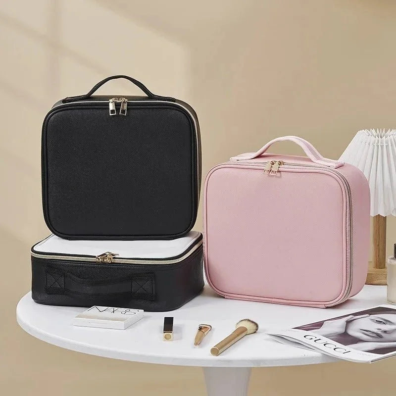 Trousse de Maquillage Intelligente LED Portable avec Miroir – Organisateur de Cosmétiques de Voyage Blanc avec Lumière LED Réglable et Compartiments de Rangement