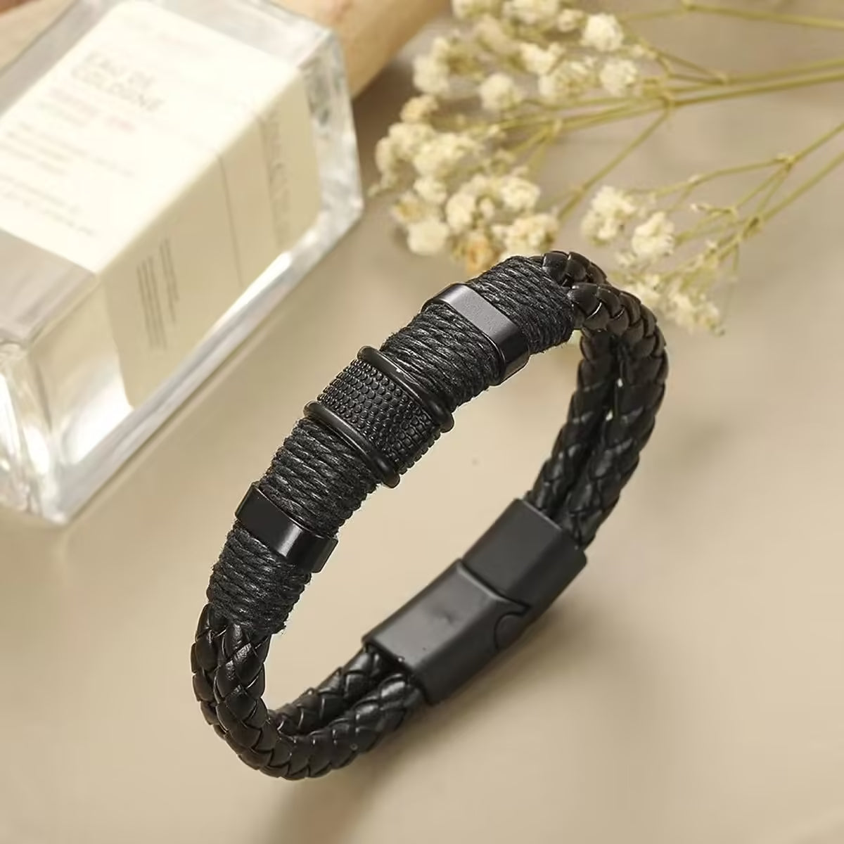 Retro Men's Magnetic Buckle Bracelet PU Alloy Woven Leather Bracelet
