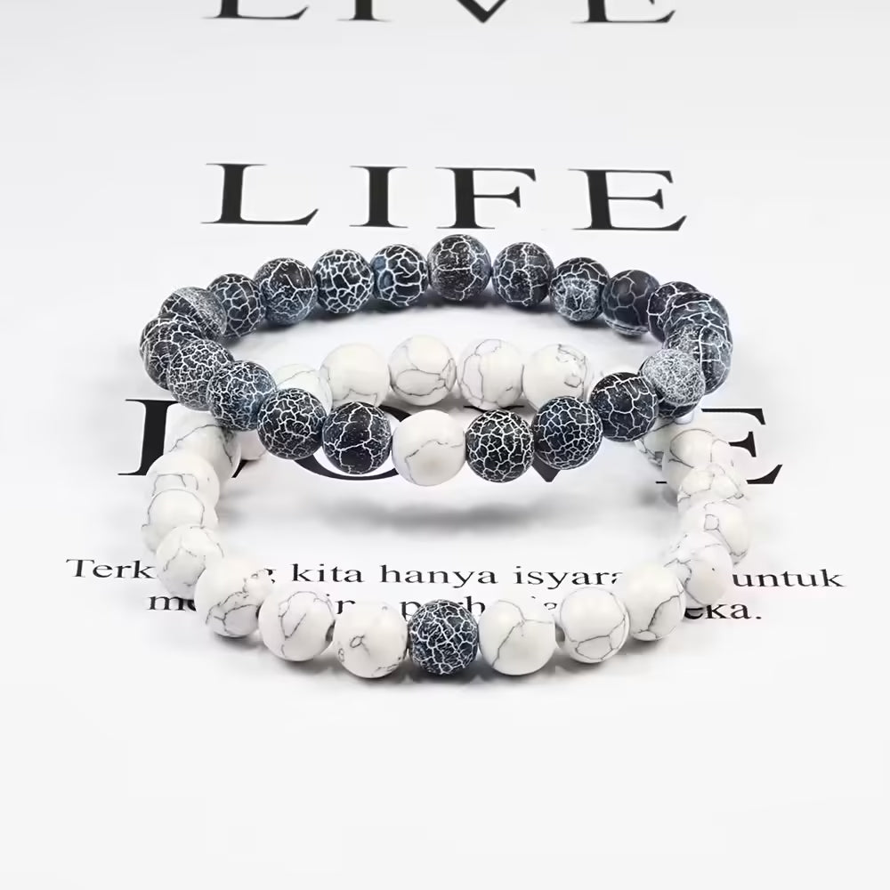Couples Distance Bracelet Set Black & White Natural Lava Stone and Tiger Eye Beaded Yoga Bracelets for Men and Women, Elastic Rope Jewelry