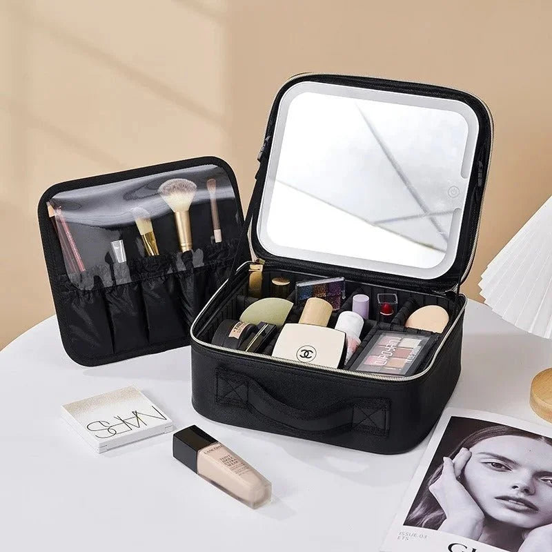 Trousse de Maquillage Intelligente LED Portable avec Miroir – Organisateur de Cosmétiques de Voyage Blanc avec Lumière LED Réglable et Compartiments de Rangement